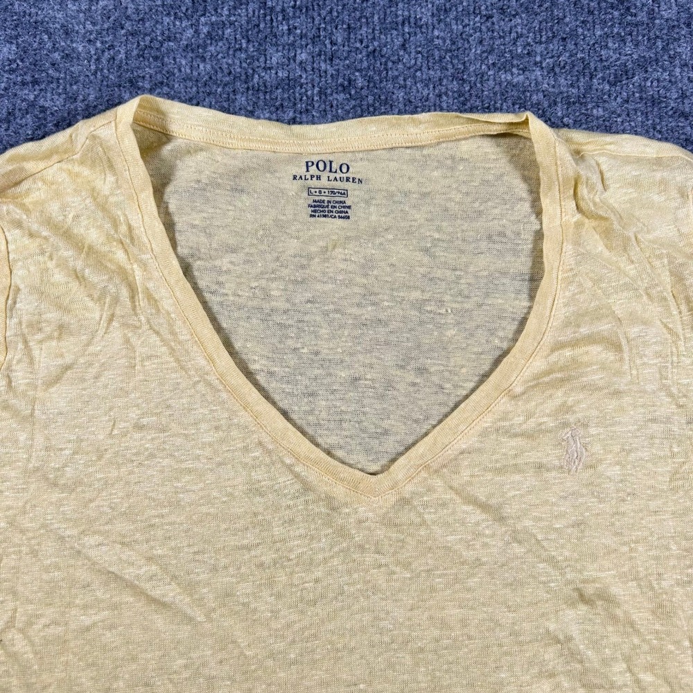 Polo Ralph Lauren T Shirt Womens Size L Yellow Linen V-Neck Short Sleeve Pony